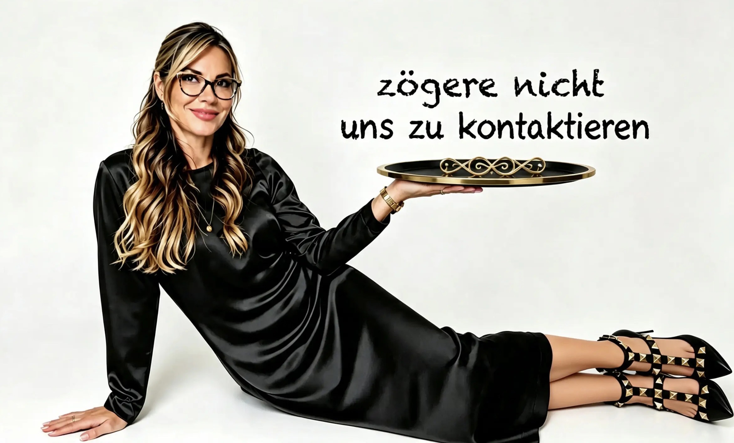 Jola, Inhaberin von KOSMETIKCONCEPT Hannover, im schwarzen Kleid mit Tablett – Kontakt aufnehmen